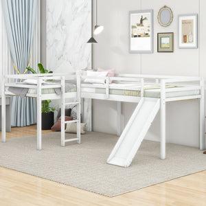English Elm L-Shaped Twin Loft Bed with Slide and Wide Ladder — Solid Pine & MDF, Corner-Saving Space-Smart Design White GX000242AAK-1