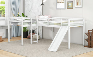English Elm L-Shaped Twin Loft Bed with Slide and Wide Ladder — Solid Pine & MDF, Corner-Saving Space-Smart Design White GX000242AAK-1