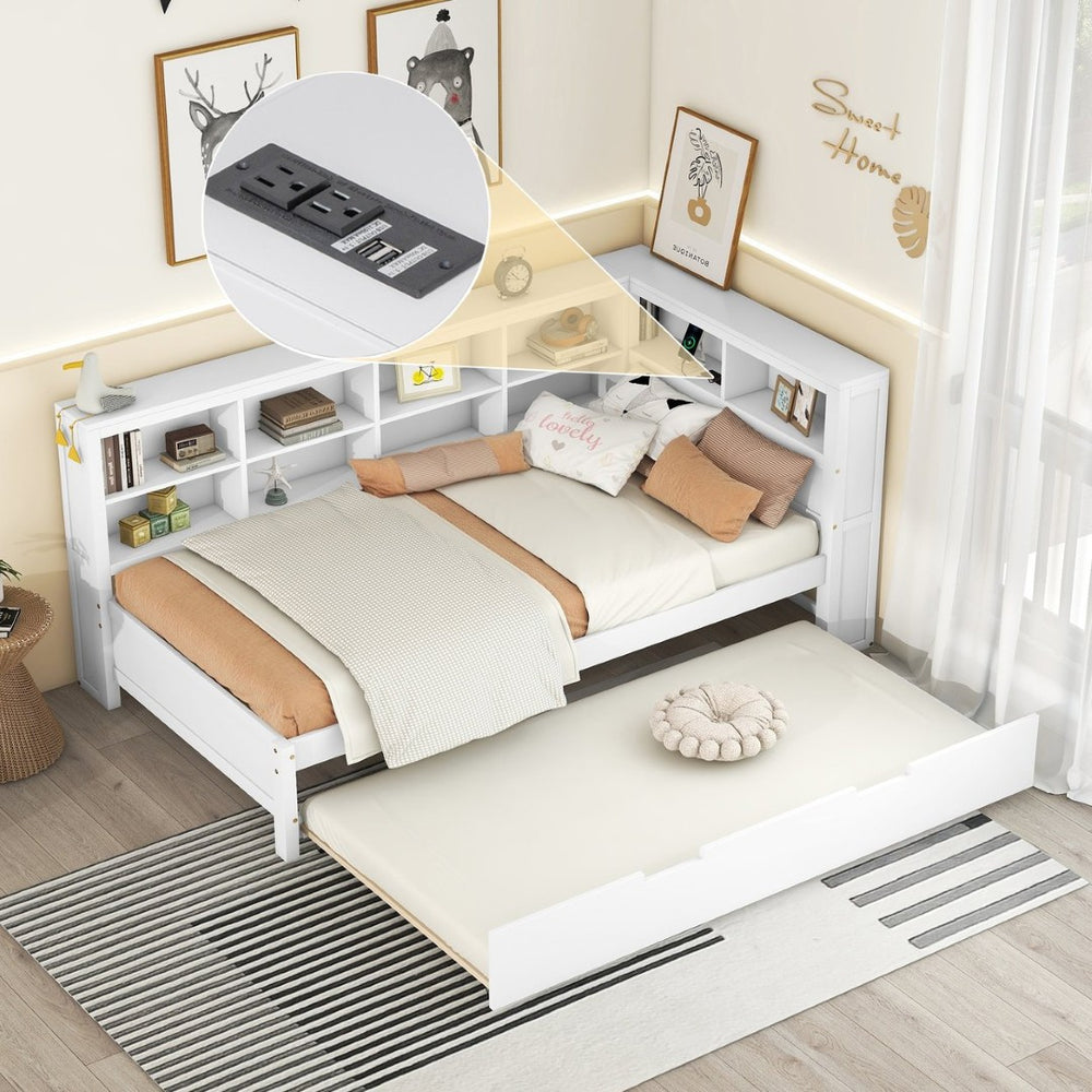 English Elm Wooden Twin Daybed with Storage Drawers Usb Charging Shelf and Pine Frame N733S347509K