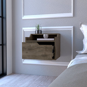English Elm Floating Nightstand Chester Wall-Mounted Dark Brown Engineered Wood Floating Shelf with Drawer, Dual-Tier Storage Elegance B092142808