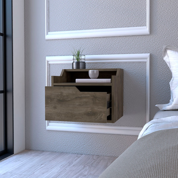 English Elm Floating Nightstand Chester Wall-Mounted Dark Brown Engineered Wood Floating Shelf with Drawer, Dual-Tier Storage Elegance B092142808