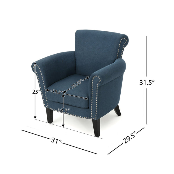English Elm Christopher Knight Home® - CLUB Chair with Curved Silhouette and Nailhead Trim — Upholstered Luxury Accent Seat with Birch Legs Navy Blue 31.5 L x 24.75 W x 23 H 60841.00NBL