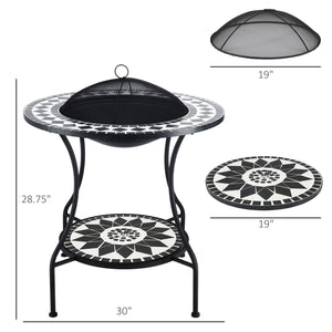 English Elm 30" 3-in-1 Outdoor Fire Pit Dining Table with Ceramic Top, Ice Bucket, Storage Shelf & Spark Screen W2225142618