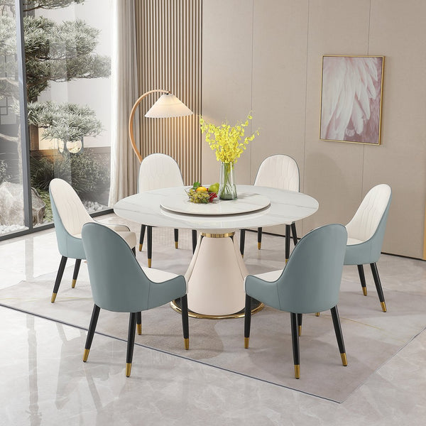 English Elm 59.05"Modern sintered stone dining table with 31.5" turntable and ergonomic foam chairs, stainproof elegance Vintage,White W509S00121