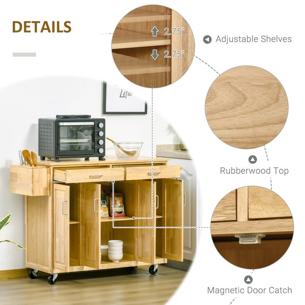 English Elm Kitchen Island On Wheels, Natural Hardwood Kitchen Cart With Drawers, Storage Cabinets, and Tool Caddy, Microwave Cart For Dining Room, 54 Inches Wide