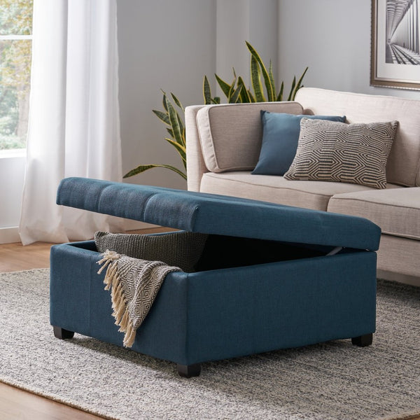 English Elm Carlsbad Tufted Waffle Lid Square Ottoman with Birch Legs for Living Room Storage 73426.00FDBL
