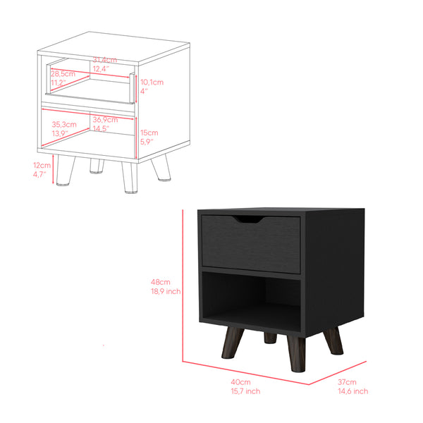 English Elm Nightstand Carleen Black — Engineered Wood Nightstand with Display Shelf, Spacious Drawer, Stylish Legs B092142792