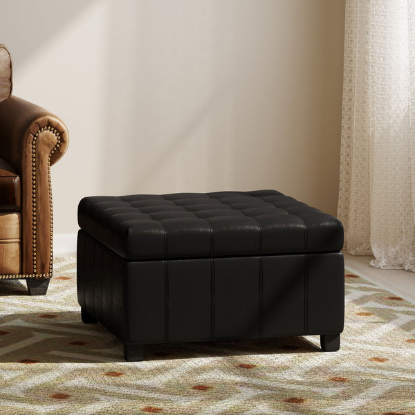 English Elm Christopher Knight Home® - ISABELLA Ottoman with Faux Leather Button-Tufted Top, Hidden Storage & Soft-Close Hinges for Home Comfort Black 74567.00MDNT