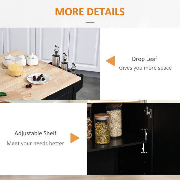 English Elm Mobile Kitchen Island Rolling Cart with Drop-Leaf Countertop, 3 Drawers, 2-Door Storage & Racks, Black W2225142636