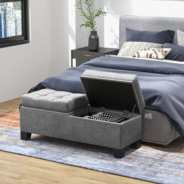 English Elm 46" Tufted Storage Ottoman Bench with Steel Frame, Linen Upholstered End-of-Bed Seating with Safety Hinges, Gray (46.75" x 16.5") W2225142646