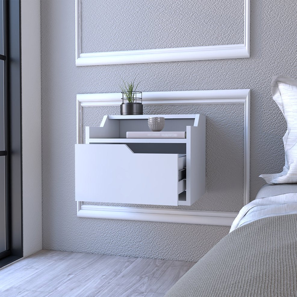 English Elm Floating Nightstand Chester Wall-Mount White — Modern Floating Nightstand with Drawer, Dual-Tier Surface, Space-Saving Design B092142805