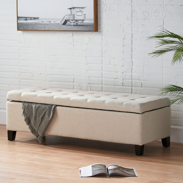 English Elm Storage Ottoman Bench with Button Tufted Waffle Lid for Bedroom or Living Room 68087.00DBGELNN