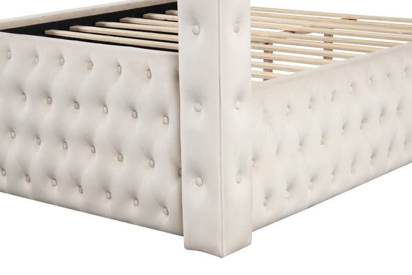 English Elm Luxurious Luxurious Four-Poster Full Bed In Soft Cream - Elegant Design, Tufted Headboard, No Box Spring Needed! B009S01194