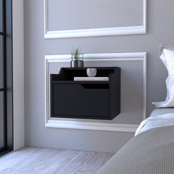 English Elm Floating Nightstand Chester Wall-Mount Black — Modern Dual-Tier Floating Shelf with Spacious Drawer, Sleek Design B092142809