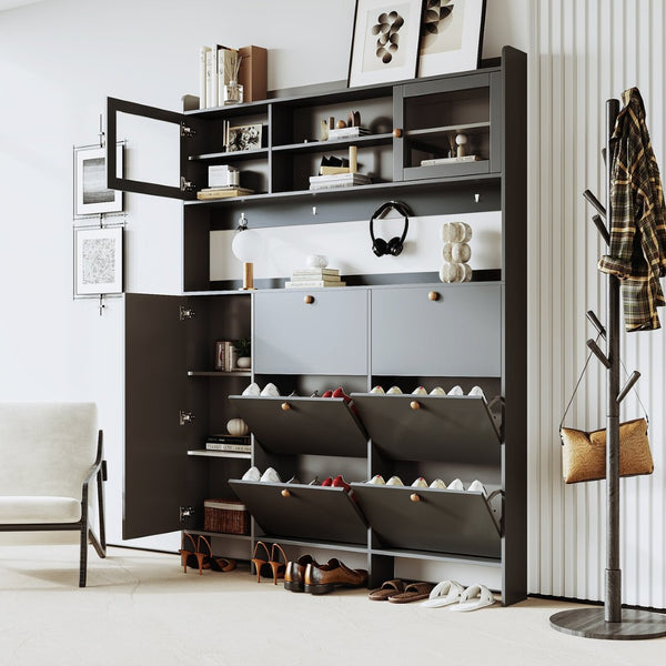 English Elm Black Hall Tree Foyer Cabinet Flip Shoe Storage Tempered Glass Hooks Shelf SD000028AAB