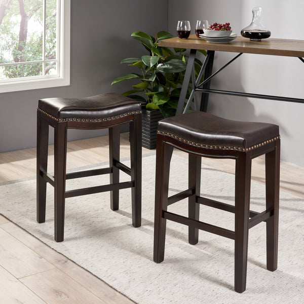 English Elm Christopher Knight Home® - TIFFIN Studded Counterstool Set of 2 Brown PU Saddle Seats with Rubberwood H-Frame & Nailhead Trim 67703.00