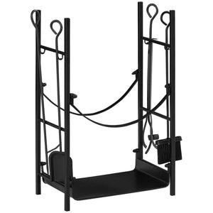 English Elm Firewood Rack With Complete Tool Set - Durable Two-Tier Holder For Indoor/Outdoor Use, Black Finish W2225142617