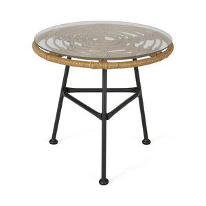 English Elm Orlando Outdoor Faux Rattan Side Table Tempered Glass Top for Deck or Porch 65038.00LBRN