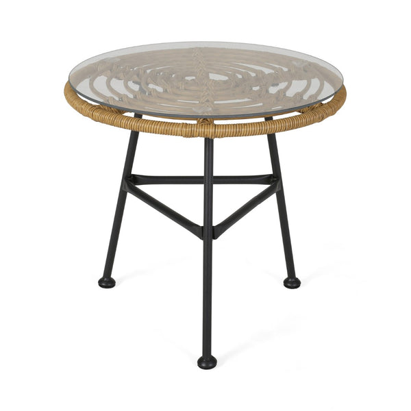 English Elm Orlando Outdoor Faux Rattan Side Table Tempered Glass Top for Deck or Porch 65038.00LBRN