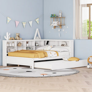 English Elm Wooden Full Size DayBed with Trundle, Pine Frame, Dual Storage Shelf and Built-in USB Charging Ports White 80 L x 13.8 W x 7.5 H N733S347731K
