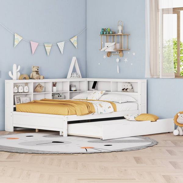 English Elm Wooden Full Size DayBed with Trundle, Pine Frame, Dual Storage Shelf and Built-in USB Charging Ports White 80 L x 13.8 W x 7.5 H N733S347731K