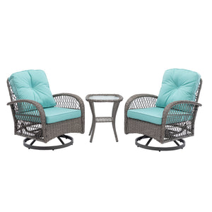 English Elm 3 Pieces Outdoor Swivel Rocker Patio Chairs Set with 360° Recline, Thick Cushions & Tempered Table Blue W640142359