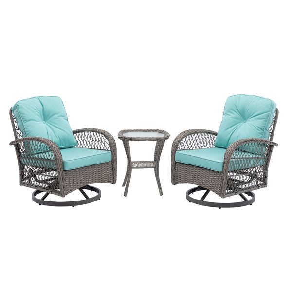 English Elm 3 Pieces Outdoor Swivel Rocker Patio Chairs Set with 360° Recline, Thick Cushions & Tempered Table Blue W640142359