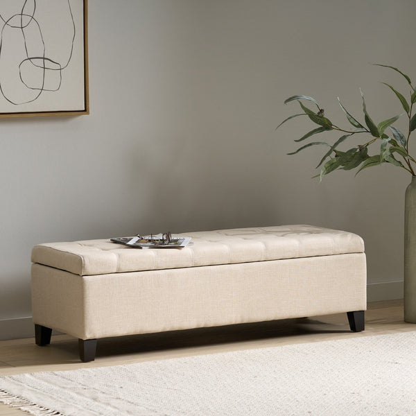 English Elm Storage Ottoman Bench with Button Tufted Waffle Lid for Bedroom or Living Room 68087.00DBGELNN