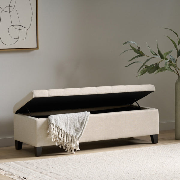 English Elm Storage Ottoman Bench with Button Tufted Waffle Lid for Bedroom or Living Room 68087.00DBGELNN
