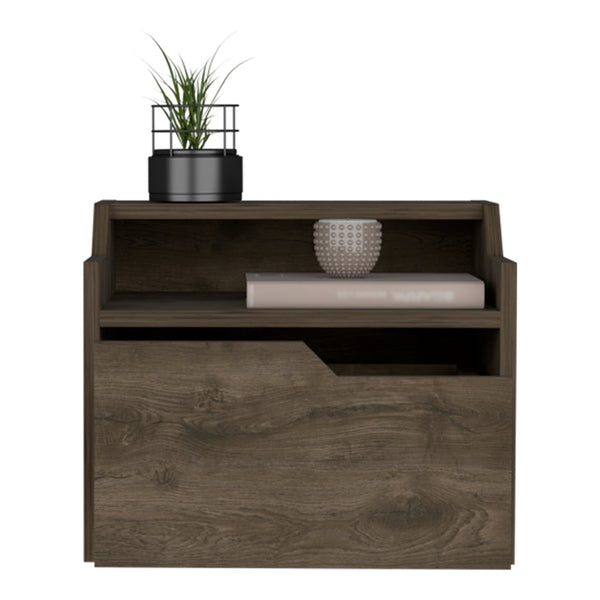 English Elm Floating Nightstand Chester Wall-Mounted Dark Brown Engineered Wood Floating Shelf with Drawer, Dual-Tier Storage Elegance B092142808