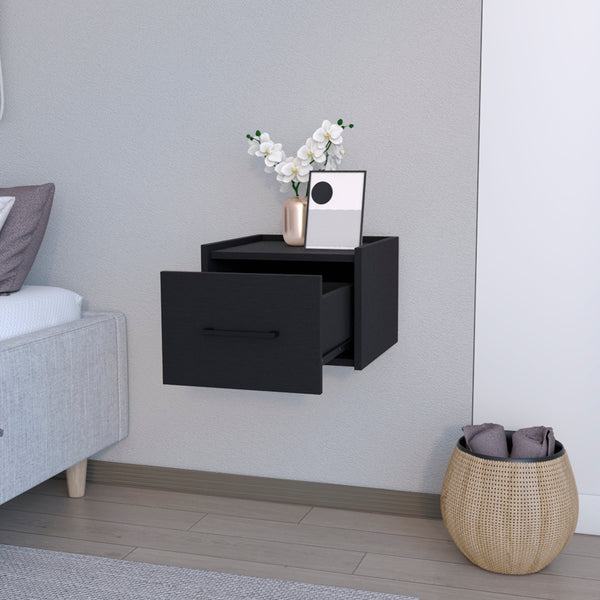 English Elm Floating Nightstand Calion Wall-Mounted Black — Space-Saving Engineered Wood, Drawer Storage, Sleek Handle, Modern Finish B092142807