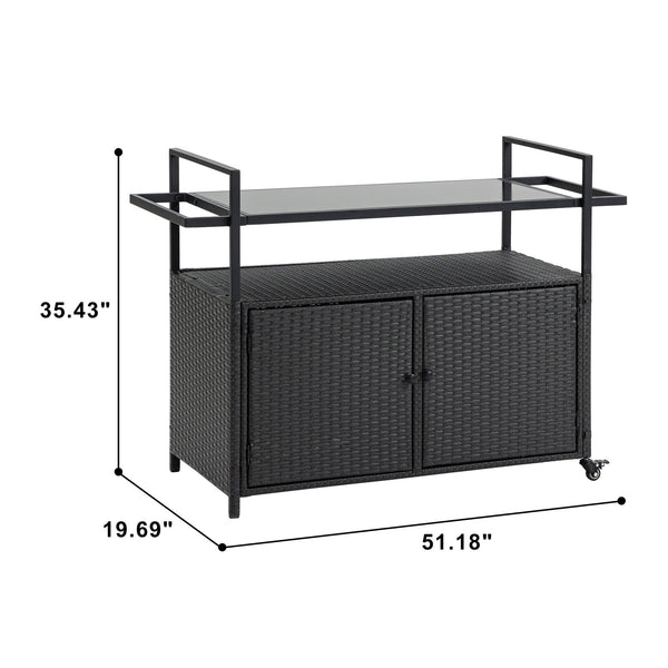 English Elm Outdoor Wicker Bar Cart with Glass Top — Rolling Rattan Beverage Trolley, Weatherproof Patio Server, Black W640140573