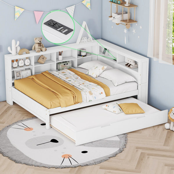 English Elm Wooden Full Size DayBed with Trundle, Pine Frame, Dual Storage Shelf and Built-in USB Charging Ports White 80 L x 13.8 W x 7.5 H N733S347731K
