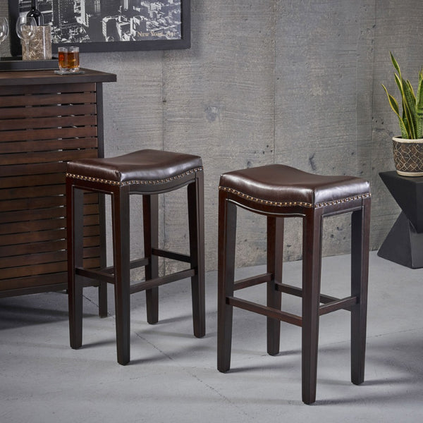 English Elm Tiffin Studded Faux Leather Backless Barstools Set Solid Wood Frame Kitchen Counter 67704.00