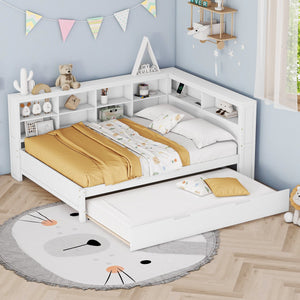 English Elm Wooden Full Size DayBed with Trundle, Pine Frame, Dual Storage Shelf and Built-in USB Charging Ports White 80 L x 13.8 W x 7.5 H N733S347731K
