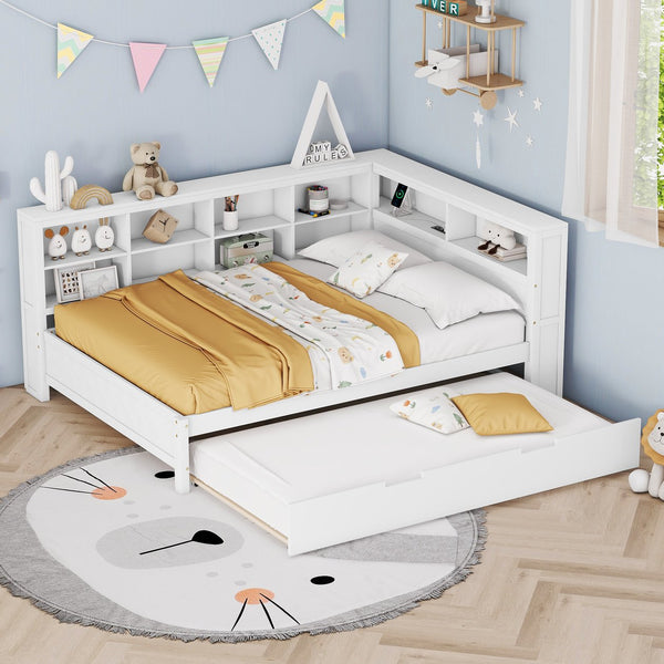 English Elm Wooden Full Size DayBed with Trundle, Pine Frame, Dual Storage Shelf and Built-in USB Charging Ports White 80 L x 13.8 W x 7.5 H N733S347731K