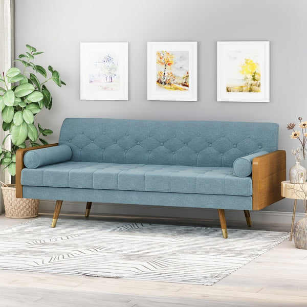 English Elm Aidan Tufted Fabric Sofa with Diamond Stitching and Gold Tipped Rubberwood Legs Blue 61688.00BLU