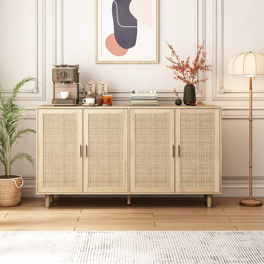 English Elm 62.20"Elegant Rattan 4-Door Storage Cabinet with Solid Wood Legs, 110lb Top, Stylish Organization W757133282