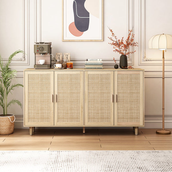 English Elm 62.20"Elegant Rattan 4-Door Storage Cabinet with Solid Wood Legs, 110lb Top, Stylish Organization W757133282
