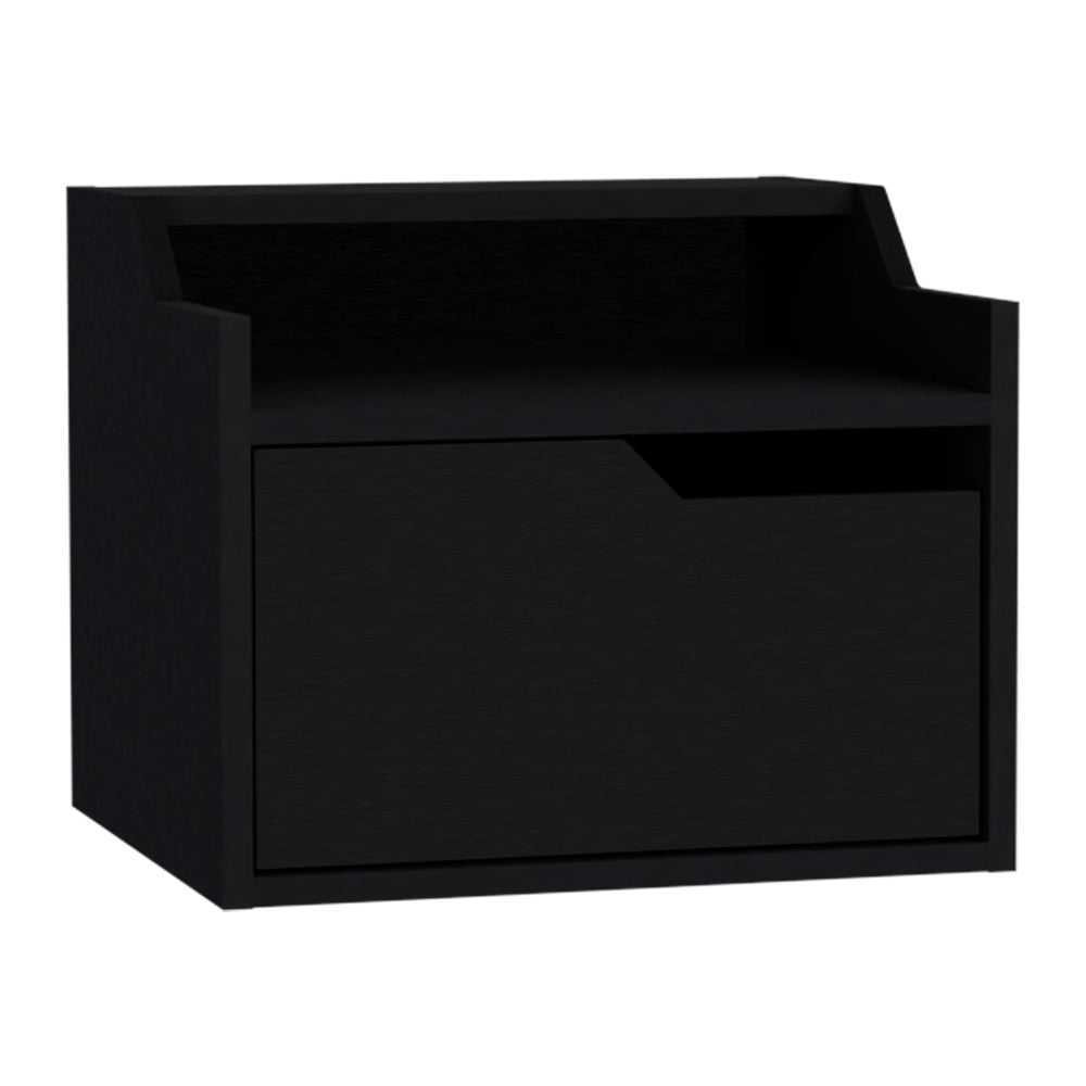 English Elm Floating Nightstand Chester Wall-Mount Black — Modern Dual-Tier Floating Shelf with Spacious Drawer, Sleek Design B092142809