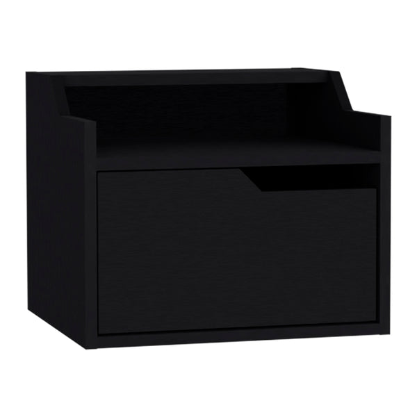 English Elm Floating Nightstand Chester Wall-Mount Black — Modern Dual-Tier Floating Shelf with Spacious Drawer, Sleek Design B092142809