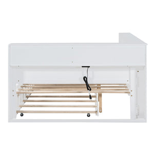 English Elm Wooden Full Size DayBed with Trundle, Pine Frame, Dual Storage Shelf and Built-in USB Charging Ports White 80 L x 13.8 W x 7.5 H N733S347731K