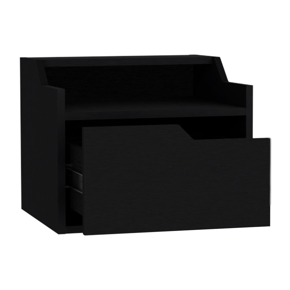 English Elm Floating Nightstand Chester Wall-Mount Black — Modern Dual-Tier Floating Shelf with Spacious Drawer, Sleek Design B092142809
