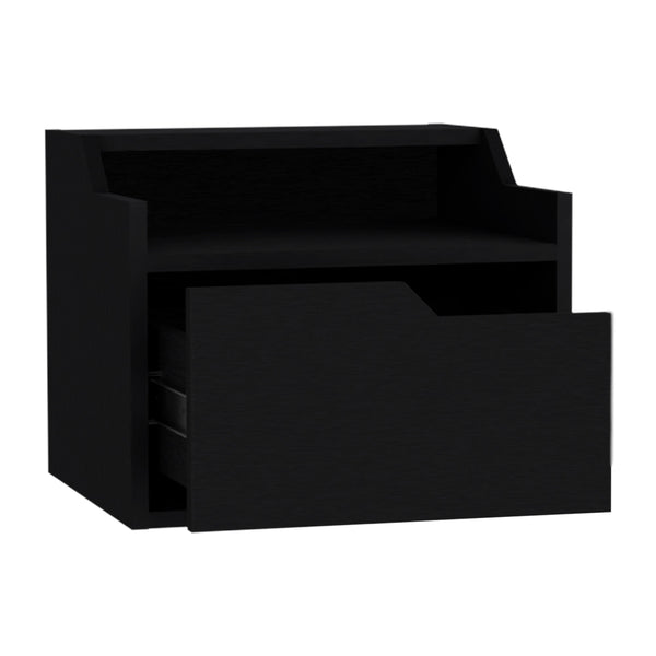 English Elm Floating Nightstand Chester Wall-Mount Black — Modern Dual-Tier Floating Shelf with Spacious Drawer, Sleek Design B092142809