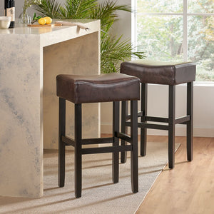 English Elm Christopher Knight Home® - [ OLD HM: 74511.00] 30" Bonded Leather Backless Bar Stool Set of 2, Brown — Slim Space-Saving Design, Rubberwood Legs WF530928BRN
