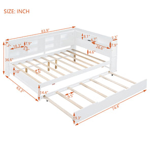 English Elm Wooden Full Size DayBed with Trundle, Pine Frame, Dual Storage Shelf and Built-in USB Charging Ports White 80 L x 13.8 W x 7.5 H N733S347731K