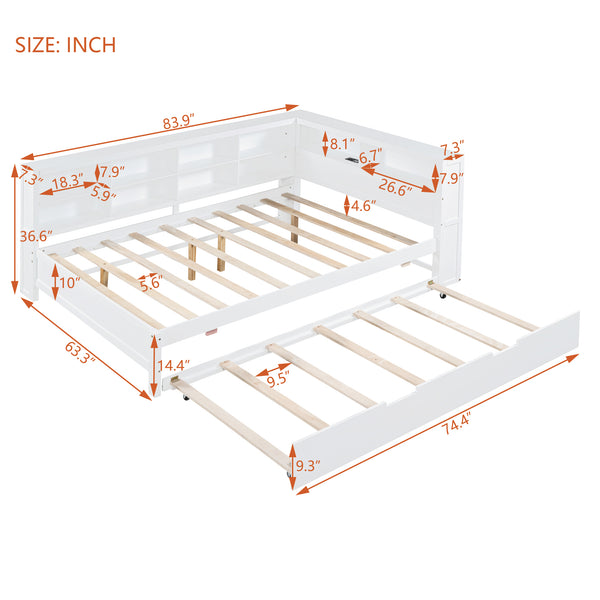 English Elm Wooden Full Size DayBed with Trundle, Pine Frame, Dual Storage Shelf and Built-in USB Charging Ports White 80 L x 13.8 W x 7.5 H N733S347731K