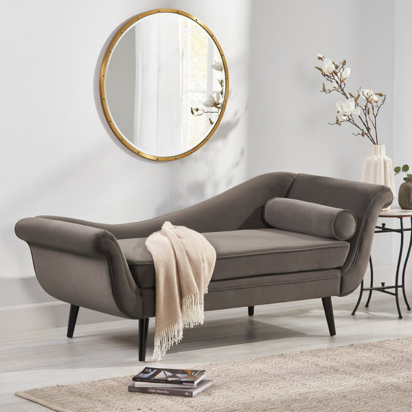English Elm Chaise Lounge Velvet Upholstered with Birch Legs Elegant Salon Style Living Room Accent Taupe 69103.00TAU
