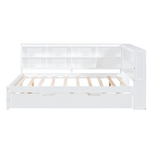 English Elm Wooden Full Size DayBed with Trundle, Pine Frame, Dual Storage Shelf and Built-in USB Charging Ports White 80 L x 13.8 W x 7.5 H N733S347731K