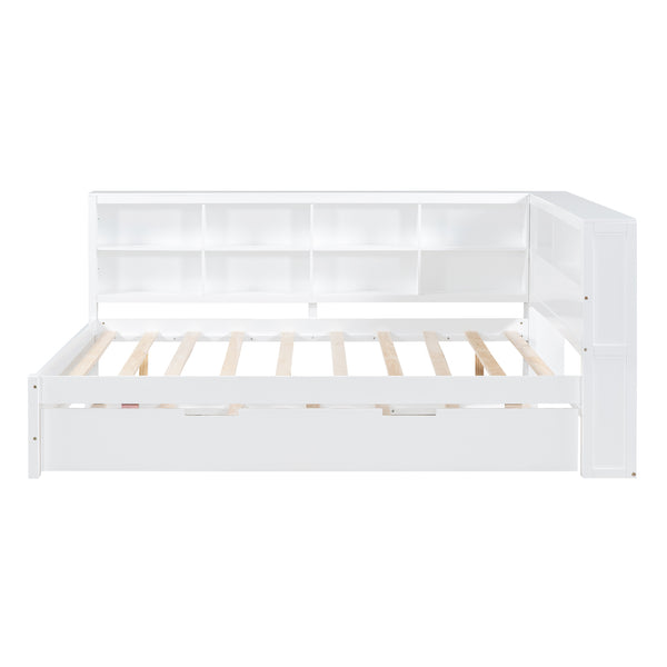 English Elm Wooden Full Size DayBed with Trundle, Pine Frame, Dual Storage Shelf and Built-in USB Charging Ports White 80 L x 13.8 W x 7.5 H N733S347731K